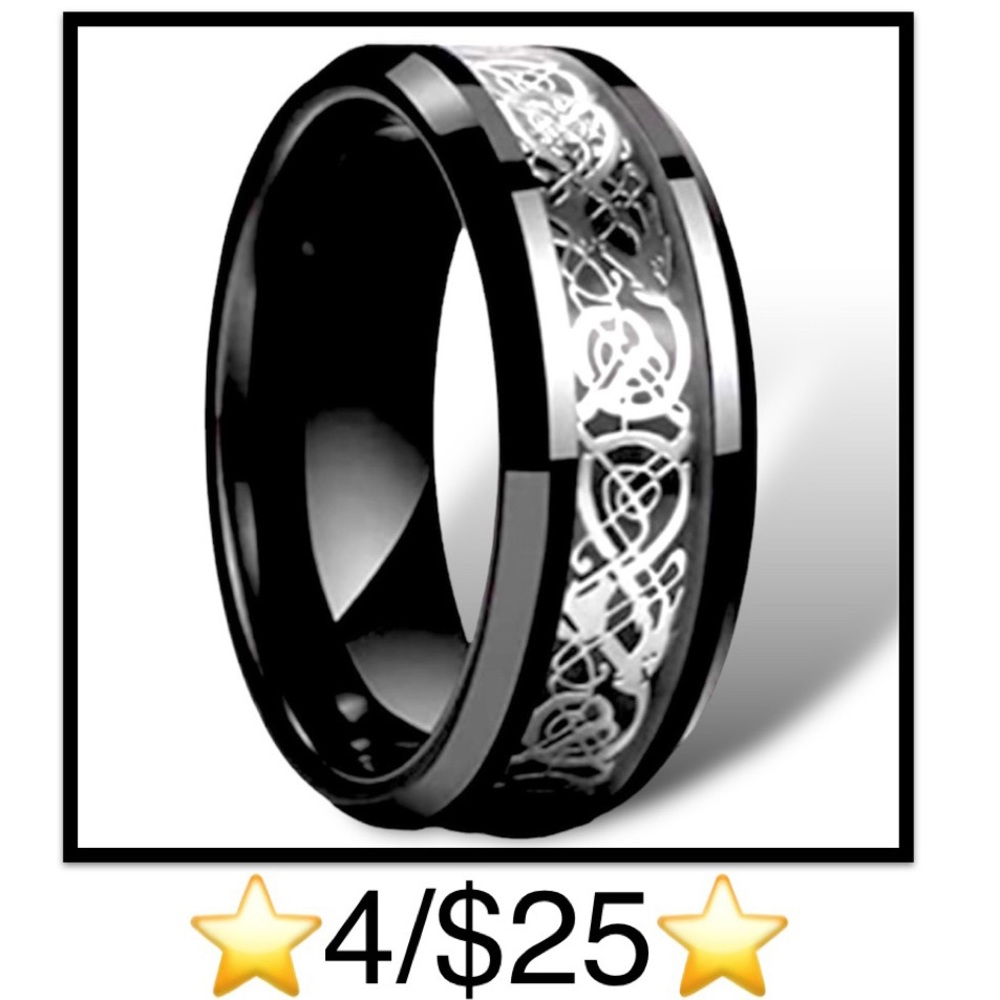 Stainless Steel Celtic Dragon Ring, Size 7, Unisex, Black & Silver Tone